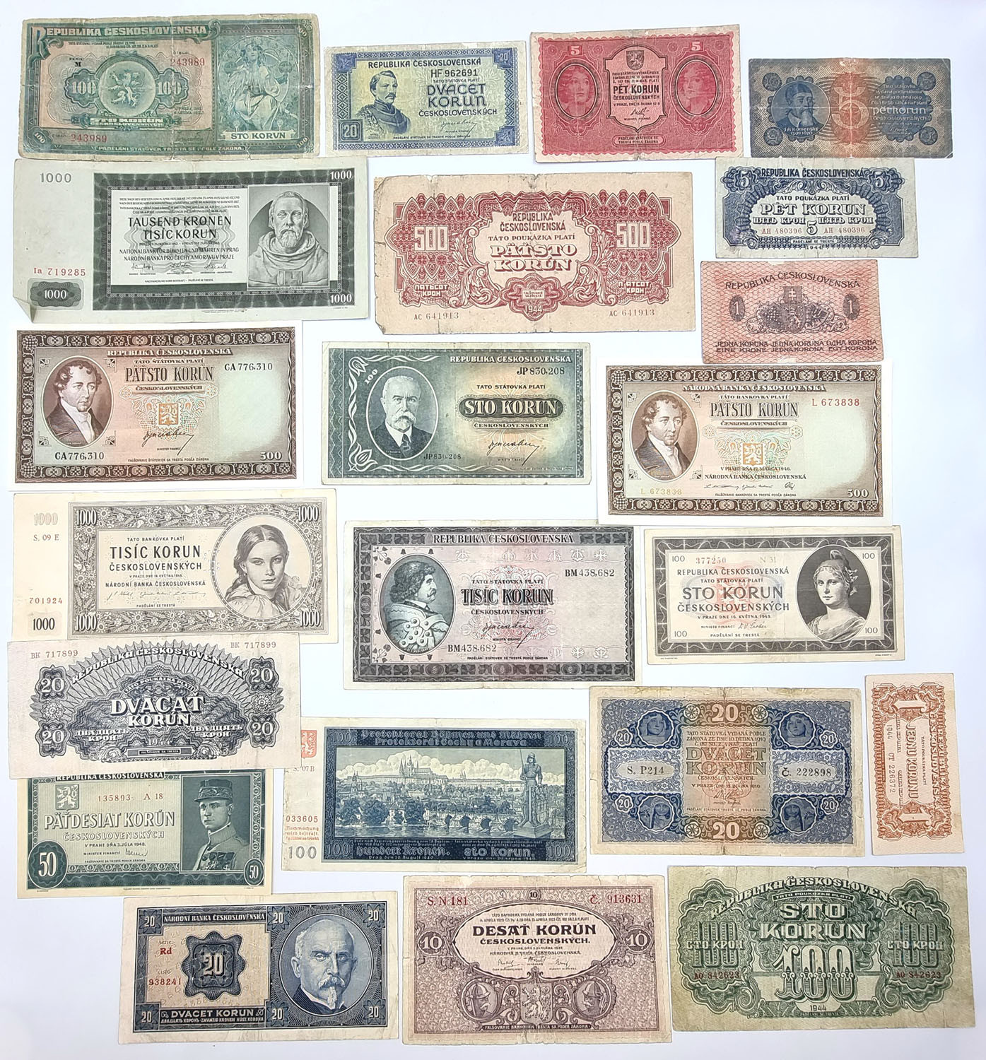 Czechosłowacja, Czechy, banknoty, zestaw 22 sztuk